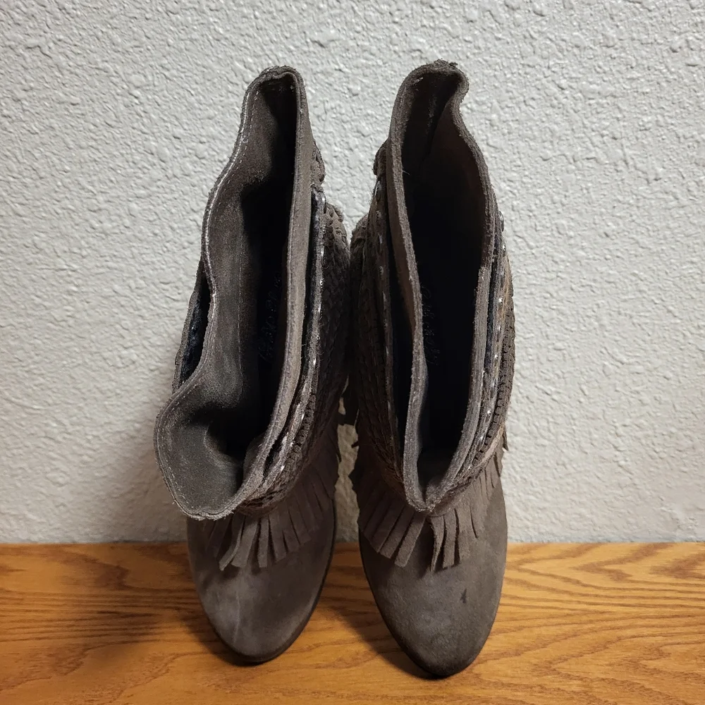 Naughty Monkey Brown Leather Fringe Poncho Heeled Booties Size 8